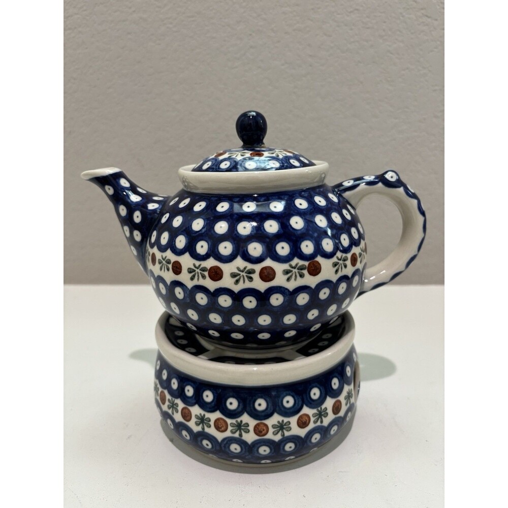 Boleslawiec Polish Pottery Teapot & Warmer Mosquito Pattern Blue White Poland